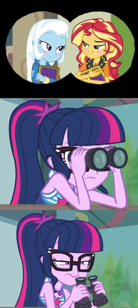 Size: 716x1600 | Tagged: safe, derpibooru import, sci-twi, sunset shimmer, trixie, twilight sparkle, equestria girls, equestria girls series, forgotten friendship, unsolved selfie mysteries, binoculars, clothes, female, glasses, implied lesbian, implied scitwishimmer, implied shipping, implied twixie, lesbian, shipping, spy-twi, spying, suntrix, swimsuit