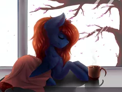Size: 1600x1200 | Tagged: dead source, safe, artist:freckleplant, derpibooru import, oc, oc:night coder, unofficial characters only, pegasus, pony, blanket, chocolate, eyes closed, female, flower, food, hot chocolate, mare, marshmallow, relaxing, smiling, solo, steam, tree, window, wings, ych result