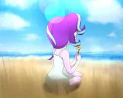 Size: 1280x1024 | Tagged: safe, artist:fotasy, derpibooru import, starlight glimmer, equestria girls, beach, clothes, dress, female, flower, rear view, sky, solo, water