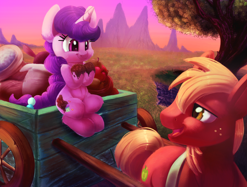 Size: 2000x1520 | Tagged: safe, artist:discorded, derpibooru import, big macintosh, sugar belle, earth pony, pony, unicorn, the break up breakdown, apple, cart, female, food, male, mare, mountain, mud, scene interpretation, scenery, shipping, sitting, smiling, stallion, straight, sugarmac, tree