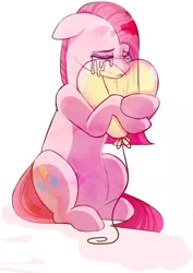 Size: 1298x1831 | Tagged: safe, artist:elskafox, derpibooru import, pinkie pie, earth pony, pony, balloon, crying, female, hug, mare, pinkamena diane pie, sad, sitting, solo