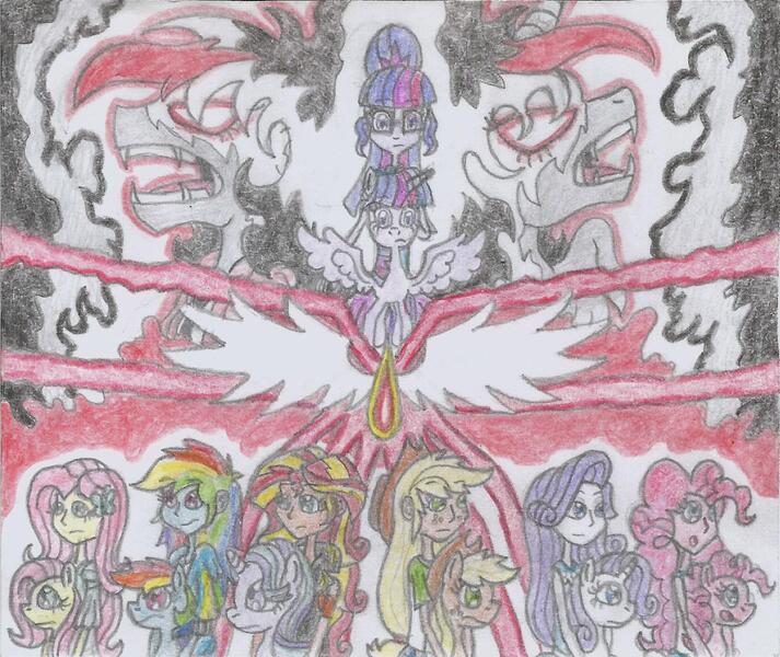 Size: 1423x1197 | Tagged: applejack, artist:nephilim rider, blood angels, derpibooru import, fluttershy, khorne, oc, oc:heaven lost, pinkie pie, rainbow dash, rarity, safe, sci-twi, starlight glimmer, sunset shimmer, traditional art, twilight sparkle, warhammer 40k, warhammer (game)