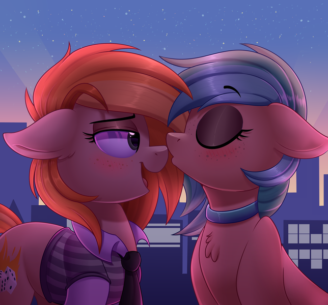 Size: 2147x2000 | Tagged: safe, artist:thegamblehorse, deleted from derpibooru, derpibooru import, oc, oc:minty pop, oc:parlay, earth pony, pony, blushing, city, clothes, eyes closed, female, jewelry, kissing, lesbian, mare, necklace, necktie, oc x oc, parpop, shipping, vest