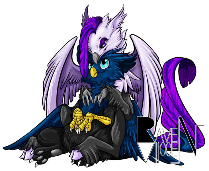 Size: 836x683 | Tagged: safe, artist:allocen, derpibooru import, oc, oc:eid, oc:ravyne, unofficial characters only, gryphon, hippogriff, claws, female, fluffy, hug, male, paws, shipping, simple background, size difference, straight, talons, transparent background, wings