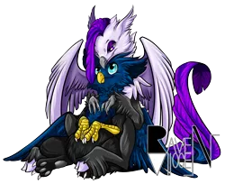 Size: 836x683 | Tagged: safe, artist:allocen, derpibooru import, oc, oc:eid, oc:ravyne, unofficial characters only, gryphon, hippogriff, claws, female, fluffy, hug, male, paws, shipping, simple background, size difference, straight, talons, transparent background, wings