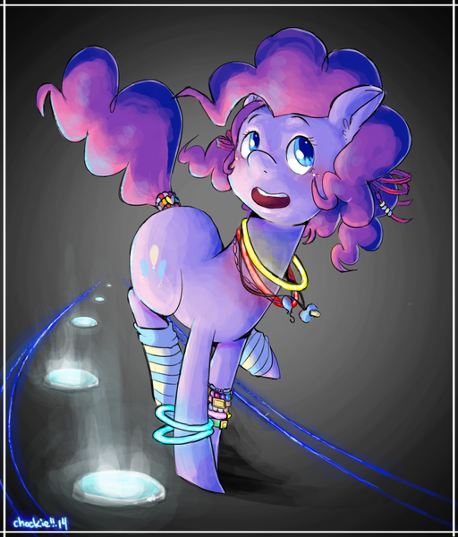 Size: 1000x1172 | Tagged: safe, artist:chockie, derpibooru import, pinkie pie, earth pony, pony, bracelet, glow rings, jewelry, leg warmers, necklace, pacifier, raver, solo, tail wrap