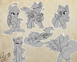 Size: 1280x1024 | Tagged: safe, artist:aurorafang, derpibooru import, oc, oc:cherishquill, unofficial characters only, duck, pegasus, pony, chest fluff, halo, music, music notes, pillow, quack, sitting, underhoof, wings