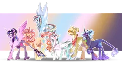 Size: 1900x1000 | Tagged: safe, artist:kotowataczekolada, derpibooru import, applejack, fluttershy, pinkie pie, rainbow dash, rarity, twilight sparkle, twilight sparkle (alicorn), alicorn, classical unicorn, pony, unicorn, alternate design, blushing, cloven hooves, cutie mark, female, freckles, gradient background, image, leonine tail, mane six, mare, missing accessory, neckerchief, png, redesign, simple background, transparent background, twitterina design, unshorn fetlocks