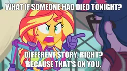 Size: 1920x1080 | Tagged: safe, derpibooru import, edit, edited screencap, screencap, sci-twi, sunset shimmer, twilight sparkle, equestria girls, friendship games, angry, exploitable meme, geode of empathy, geode of telekinesis, image macro, jewelry, meme, necklace, peter parker, spider-man: homecoming, sunset yells at twilight, tony stark