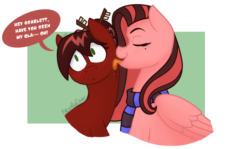 Size: 1024x652 | Tagged: safe, artist:cadetredshirt, derpibooru import, oc, oc:cadetpone, oc:scarlett blade, unofficial characters only, earth pony, pegasus, pony, chopsticks, clothes, couple, female, lesbian, licking, oc x oc, scarf, shipping, shocked, simple background, tongue out, transparent background