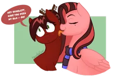 Size: 1024x652 | Tagged: safe, artist:cadetredshirt, derpibooru import, oc, oc:cadetpone, oc:scarlett blade, unofficial characters only, earth pony, pegasus, pony, chopsticks, clothes, couple, female, lesbian, licking, oc x oc, scarf, shipping, shocked, simple background, tongue out, transparent background