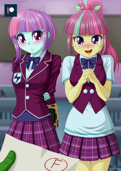Size: 707x1000 | Tagged: safe, artist:uotapo, derpibooru import, sour sweet, sunny flare, oc, oc:anon, equestria girls, adoraflare, arm behind back, begging, blushing, clothes, colored pupils, crystal prep academy uniform, cute, detention, duo, duo female, f, fallout, female, freckles, looking at you, offscreen character, open mouth, pipboy, plaid skirt, pleated skirt, ponytail, pov, school uniform, skirt, smiling, sourbetes, sunny flare's wrist devices, uotapo is trying to murder us, whoops