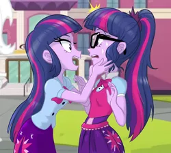 Size: 980x880 | Tagged: safe, artist:ta-na, derpibooru import, sci-twi, twilight sparkle, twilight sparkle (alicorn), equestria girls, canterlot high, clothes, duality, female, glasses, hands on face, looking at each other, personal space invasion, ponytail, self paradox, shocked, skirt, sweat, sweatdrops, twolight, vest