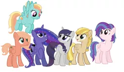 Size: 2444x1432 | Tagged: safe, artist:restlessbard, derpibooru import, oc, oc:melody, oc:mountain harvest, oc:orchard smith, oc:party song, oc:star magia dust, oc:sweet feather, unofficial characters only, alicorn, earth pony, pegasus, pony, unicorn, alicorn oc, base used, female, magical lesbian spawn, male, mare, next generation, offspring, parent:applejack, parent:big macintosh, parent:fluttershy, parent:octavia melody, parent:pinkie pie, parent:princess luna, parent:rainbow dash, parent:rarity, parent:rockhoof, parent:twilight sparkle, parent:vinyl scratch, parent:zephyr breeze, parents:fluttermac, parents:raritavia, parents:rockjack, parents:twiluna, parents:vinylpie, parents:zephdash, simple background, stallion, white background