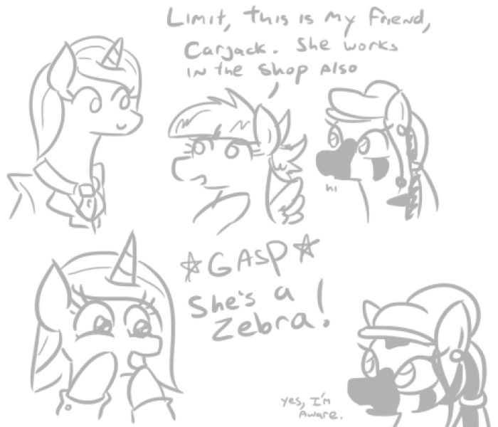 Size: 733x628 | Tagged: safe, artist:jargon scott, derpibooru import, oc, oc:carjack, oc:limit state, oc:low rider, unofficial characters only, pegasus, pony, unicorn, zebra, comic, dialogue, female, gasp, grayscale, hat, mare, monochrome, simple background, trio, white background