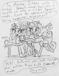 Size: 2184x2808 | Tagged: safe, artist:floofyfoxcomics, derpibooru import, oc, oc:autumn science, oc:sparkling mimosa, unofficial characters only, pony, unicorn, female, high res, mare, monochrome, traditional art, vulgar