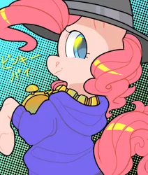 Size: 500x589 | Tagged: safe, artist:clayterran, derpibooru import, pinkie pie, earth pony, pony, clothes, female, hat, hoodie, looking over shoulder, mare, rapper pie, smiling, solo