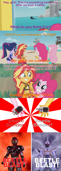 Size: 1266x3541 | Tagged: safe, derpibooru import, edit, edited screencap, screencap, fluttershy, pinkie pie, sci-twi, sunset shimmer, twilight sparkle, equestria girls, equestria girls series, unsolved selfie mysteries, beetle bonder, beetleborgs, big bad beetleborgs, comic, juukou b-fighter, morphing, pinkie morphs, red striker borg, screencap comic, sunburst background, sunset morphs, white blaster borg