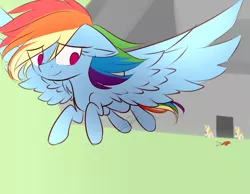 Size: 1241x961 | Tagged: safe, artist:snowbunny0820, derpibooru import, rainbow dash, pony, commission, eye clipping through hair, flying, free, freedom, good end, grass, hair over one eye, prison, prisoner rd, royal guard, signature, smiling