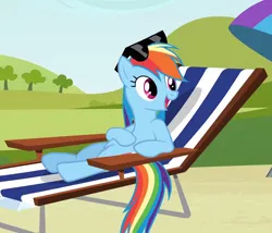 Size: 1030x882 | Tagged: cropped, derpibooru import, happy, lounging, rainbow dash, reclining, safe, screencap, solo, sunglasses, too many pinkie pies, umbrella