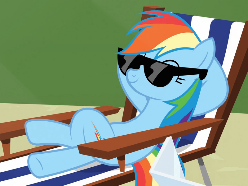 Size: 1444x1080 | Tagged: safe, derpibooru import, screencap, rainbow dash, pegasus, pony, too many pinkie pies, chillaxing, cropped, female, mare, solo, sunglasses