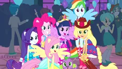 Size: 1920x1080 | Tagged: safe, derpibooru import, edit, edited screencap, screencap, applejack, fluttershy, pinkie pie, rainbow dash, rarity, scott green, spike, tennis match, thunderbass, twilight sparkle, twilight sparkle (alicorn), alicorn, dog, equestria girls, equestria girls (movie), big crown thingy, breasts, cleavage, element of magic, fall formal outfits, humane five, humane six, jewelry, ponied up, regalia, spike the dog