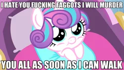 Size: 1334x750 | Tagged: safe, artist:dwk, derpibooru import, edit, edited screencap, screencap, princess flurry heart, pony, totally legit recap, the times they are a changeling, death threat, evil, evil flurry heart, faggot, female, image macro, kids say the darndest things, meme, they grow up so fast, threat, vulgar