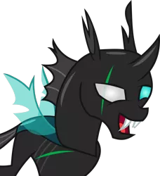 Size: 1211x1326 | Tagged: artist:frownfactory, blind eye, broken tooth, changeling, changeling oc, chipped tooth, derpibooru import, eye scar, horn, injured, oc, open mouth, safe, scar, simple background, solo, svg, .svg available, transparent background, unnamed oc, unofficial characters only, vector, wings