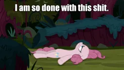 Size: 1280x720 | Tagged: safe, derpibooru import, edit, edited screencap, screencap, mean pinkie pie, pony, the mean 6, bored, clone, everfree forest, female, looking up, lying, mare, meme, reaction image, solo, vulgar, when she doesn't smile