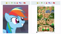 Size: 550x312 | Tagged: suggestive, artist:atariboy2600, artist:bluecarnationstudios, derpibooru import, edit, edited screencap, screencap, applejack, rainbow dash, pegasus, pony, comic:the amazonian effect ii, derpibooru, equestria girls, it ain't easy being breezies, abs, applejacked, biceps, big breasts, breasts, busty applejack, canterlot high, clothes, comic, cropped, deltoids, erect nipples, fangs, female, flexing, grin, growth, huge breasts, hulk out, juxtaposition, looking at something, mare, meta, muscle expansion, muscles, nipple outline, nipples, onomatopoeia, overdeveloped muscles, roar, smiling, solo, solo female, thunder thighs, underwear, voyeur, voyeur dash, voyeurism