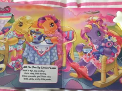 Size: 1280x960 | Tagged: all the pretty little horses, artist:lyn fletcher, bumbleberry, butterscotch (g3), clothes, derpibooru import, dreamy songs, food, g3, lullaby, nightgown, plushie, rocking chair, safe, scootaloo (g3), slippers, song, tea, teabag, tea party