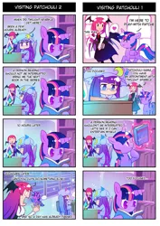 Size: 620x877 | Tagged: 4koma, alicorn, artist:sweetsound, blue mane, blue tail, blushing, book, bookshelf, chair, comic, crossover, derpibooru import, game of thrones, glasses, hat, horn, indoors, koakuma, library, light skin, long hair, long mane, long tail, mob cap, necktie, open mouth, original species, patchouli knowledge, pink mane, pink tail, purple hair, purple mane, purple tail, red hair, ribbon, safe, sitting, smiling, standing, succubus, table, tail, touhou, translation, twilight sparkle, twilight sparkle (alicorn), window, wings, youkai