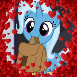 Size: 720x720 | Tagged: safe, derpibooru import, edit, edited screencap, screencap, trixie, pony, unicorn, to where and back again, cute, diatrixes, female, heart, looking at you, mare, mouth hold, saddle bag, solo, to saddlebags and back again