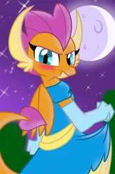 Size: 800x1214 | Tagged: artist:emositecc, blushing, clothes, derpibooru import, dragon, dragoness, dress, female, full moon, girly, gloves, hilarious in hindsight, long gloves, looking back, moon, night, princess smolder, puffy cheeks, safe, smolder, smolder also dresses in style, stars, tomboy taming, upset, wavy mouth