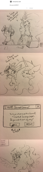 Size: 1280x5084 | Tagged: alert, alicorn, artist:greyscaleart, ask, blushing, book, chest fluff, click, comic, computer, cursor, derpibooru import, dialogue, document, duo, flustered, glasses, glowing horn, grayscale, heavy breathing, here comes the sun, laptop computer, lidded eyes, mane hug, monochrome, name tag, necktie, ohmygosh, pone co., prehensile mane, princess celestia, safe, spread wings, that pony sure does love books, traditional art, tumblr, twilight sparkle, twilight sparkle (alicorn), wings