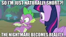 Size: 1062x598 | Tagged: safe, derpibooru import, edit, edited screencap, screencap, spike, twilight sparkle, twilight sparkle (alicorn), alicorn, dragon, pony, molt down, distressed, duo, female, image macro, male, mare, meme, puberty, short, winged spike, wings