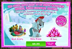 Size: 2048x1397 | Tagged: safe, derpibooru import, idw, official, bella breeze, pegasus, pony, legends of magic, advertisement, armor, armory, costs real money, crack is cheaper, female, game screencap, gameloft, gem, helmet, idw showified, mare, solo