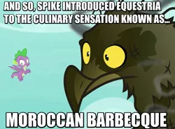 Size: 759x562 | Tagged: bird, burned, burnt feathers, charred, derpibooru import, dragon, duo, edit, edited screencap, flying, image macro, meme, misspelling, molt down, pun, roc, safe, screencap, smoke, solo, spike, wide eyes, winged spike