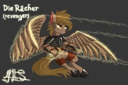 Size: 3000x2000 | Tagged: safe, artist:moonlightstrange, derpibooru import, oc, unofficial characters only, pegasus, pony, :t, armor, cheek fluff, flying, german, glare, gray background, high res, hoof hold, leg fluff, male, simple background, smiling, smirk, solo, spread wings, stallion, total war, wing fluff, wings