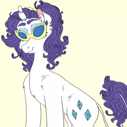 Size: 1024x1027 | Tagged: safe, artist:sodaaz, derpibooru import, rarity, classical unicorn, unicorn, cloven hooves, leonine tail, scrunchie, simple background, solo, sunglasses, unshorn fetlocks, yellow background