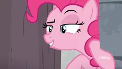 Size: 1920x1080 | Tagged: safe, derpibooru import, screencap, pinkie pie, earth pony, pony, molt down, curious, discovery family logo, female, interested, lidded eyes, lip bite, mare, out of context, raised eyebrow, smiling, solo