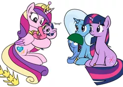 Size: 600x428 | Tagged: safe, artist:dekomaru, derpibooru import, edit, princess cadance, trixie, twilight sparkle, alicorn, pony, unicorn, tumblr:ask twixie, ask, boop, bracelet, c:, cropped, cute, eye contact, female, filly, foal, frown, helmet, holding a pony, hug, jewelry, lesbian, looking at each other, magical lesbian spawn, mare, offspring, parent:trixie, parent:twilight sparkle, parents:twixie, shipping, simple background, sitting, smiling, tactical boop incoming!, tumblr, twixie, unicorn twilight, white background, wide eyes