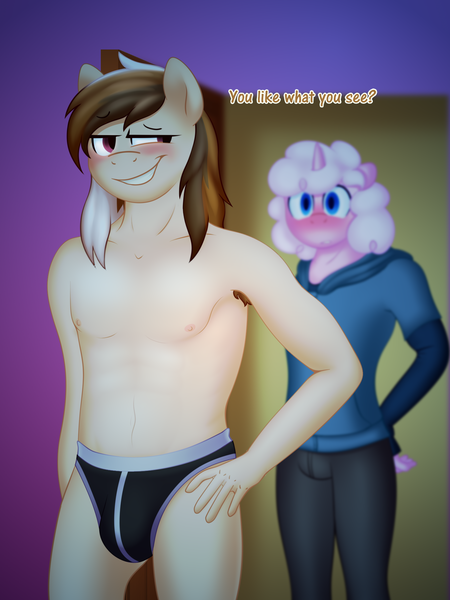 Size: 1500x2000 | Tagged: anthro, armpit hair, artist:timidwithapen, clothes, derpibooru import, male, nudity, oc, oc:andante, oc:pink marshmallow, suggestive, underwear