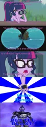 Size: 1280x3560 | Tagged: safe, derpibooru import, edit, edited screencap, screencap, sci-twi, twilight sparkle, equestria girls, equestria girls series, unsolved selfie mysteries, beetle bonder, beetleborgs, big bad beetleborgs, binoculars, blue stinger borg, clothes, comic, morphing, screencap comic, sunburst background, swimsuit, twilight morphs