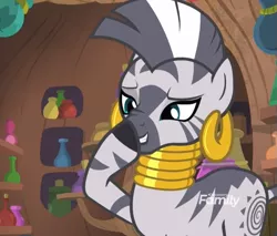 Size: 577x492 | Tagged: safe, derpibooru import, screencap, zecora, zebra, molt down, boop, cropped, cute, discovery family logo, female, glimmerposting, image, png, self-boop, smiling, solo, zecora's hut, zecorable, zecoraposting