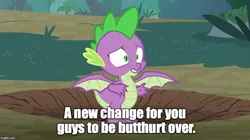 Size: 888x499 | Tagged: derpibooru import, dragon, drama bait, edit, edited screencap, image macro, male, meme, molt down, op is trying too hard, safe, screencap, solo, spike, winged spike