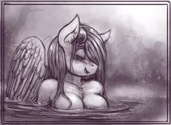 Size: 1680x1233 | Tagged: adorasexy, anthro, artist:bantha, bathing, blushing, breasts, busty fluttershy, chest fluff, clothes, cute, derpibooru import, eyes closed, female, fluttershy, grayscale, mare, monochrome, nudity, open mouth, outdoors, partial nudity, pegasus, sexy, shyabetes, sitting, skinny dipping, smiling, solo, solo female, spread wings, suggestive, topless, water, wet, wings