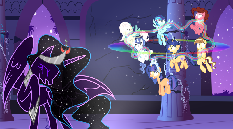 Size: 5296x2930 | Tagged: safe, artist:velveagicsentryyt, derpibooru import, oc, oc:apple pie, oc:destiny, oc:galaxy swirls, oc:moonlight sonata, oc:party pie, oc:rainbow blitzes, oc:sky city, oc:velvet sentry, unofficial characters only, earth pony, hybrid, pegasus, pony, unicorn, female, interspecies offspring, magic, mare, offspring, parent:applejack, parent:caramel, parent:cheese sandwich, parent:discord, parent:fancypants, parent:flash sentry, parent:fluttershy, parent:king sombra, parent:pinkie pie, parent:princess luna, parent:rainbow dash, parent:rarity, parent:soarin', parent:twilight sparkle, parents:carajack, parents:cheesepie, parents:discoshy, parents:flashlight, parents:lumbra, parents:raripants, parents:soarindash