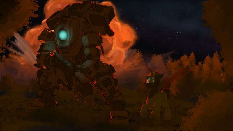 Size: 2560x1440 | Tagged: safe, artist:kpvt, derpibooru import, oc, oc:nightfall, robot, explosion, mecha, titanfall