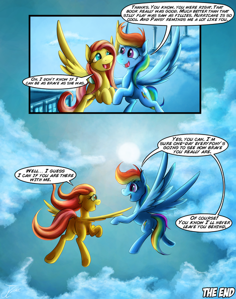 Size: 1935x2449 | Tagged: safe, artist:jamescorck, derpibooru import, fluttershy, rainbow dash, pony, comic:i will never leave you, comic, female, filly, filly fluttershy, filly rainbow dash, flying, younger